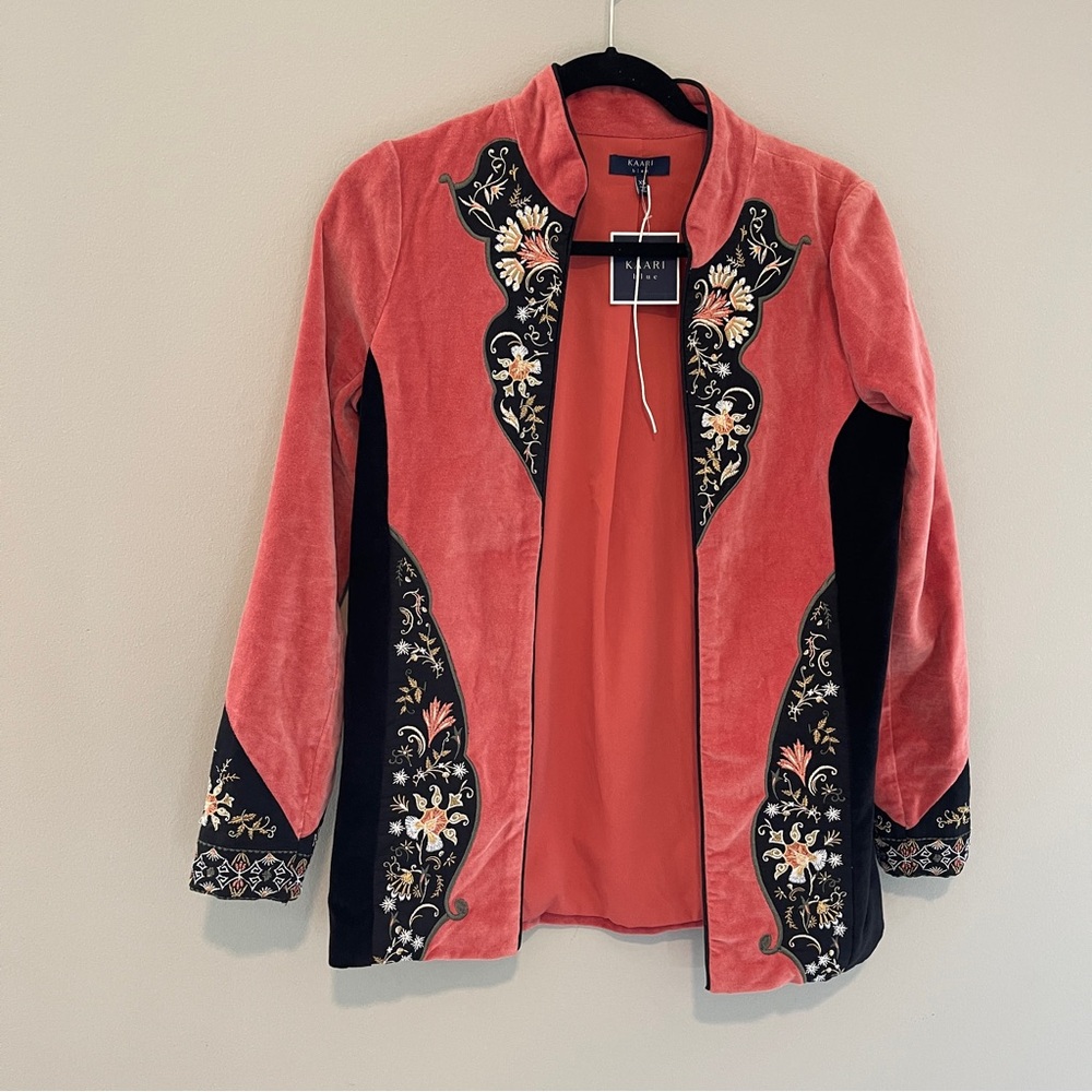 Kaari Blue Orange Embroidered Open Front Jacket Blazer Boho Size XS NWT